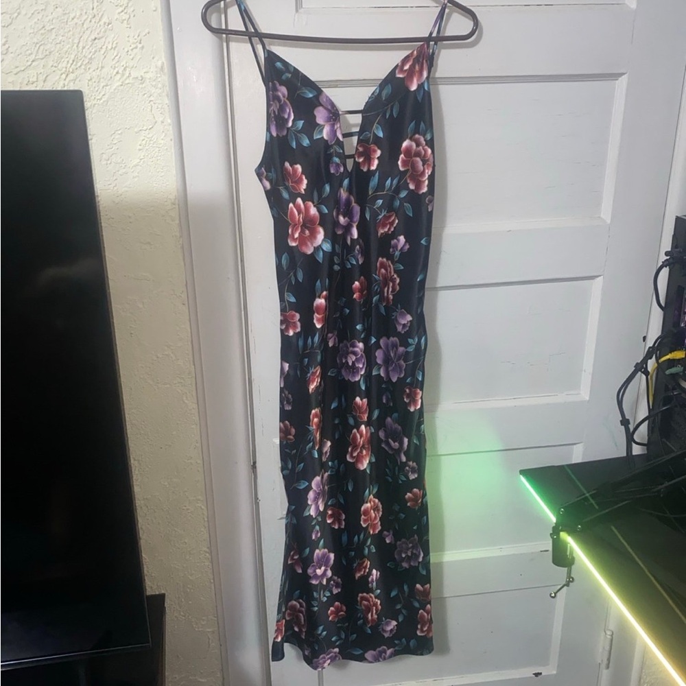 Secret Treasures Silky Ballet Floral Maxi Nightgown W/ Slits & Adjustable Straps